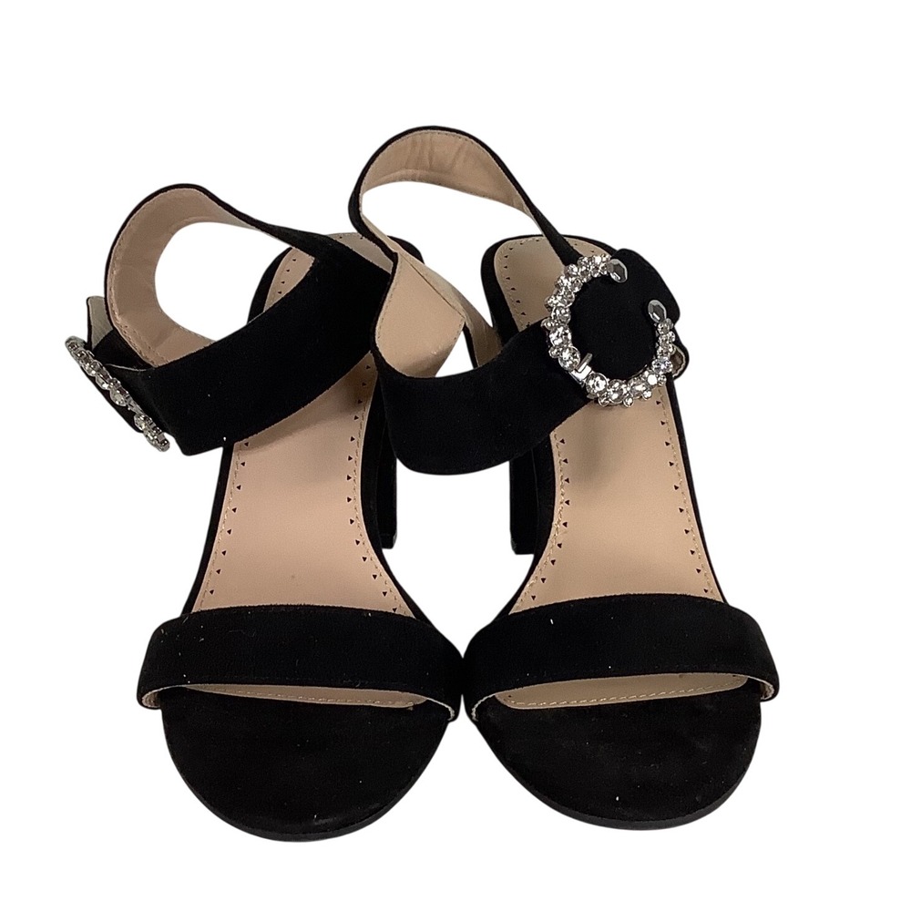 Adrienne Vittadini Geno Black Suede Block Heel Rhinestone Buckle Sandals Size10M